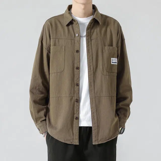 顶峰保罗 日系潮牌纯色高街工装潮流宽松百搭休闲长袖衬衫 男女同款