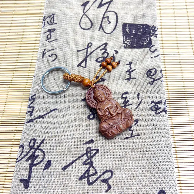 耳玺 雕刻观音弥勒汽车挂件内饰木雕钥匙扣随身小配件国潮盘玩中式小众设计感 桃木 木作把件 男女同款情侣款