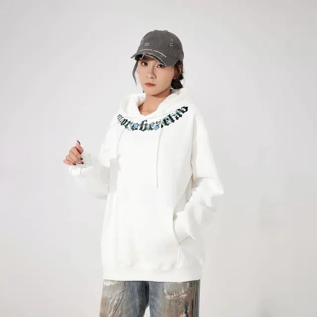 萌芽熊 美式高街植物花卉缠绕艺术字母印花舒适百搭宽松长袖连帽卫衣 男女同款