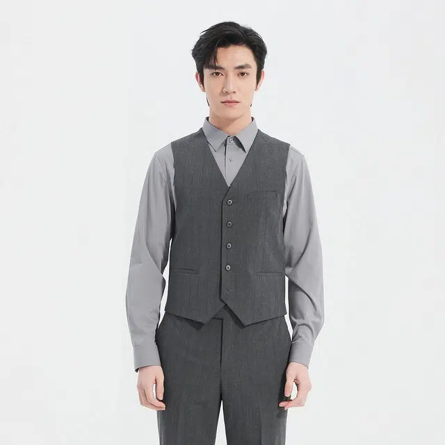 利郎 商场同款条纹含马甲商务休闲西装套装 男款 灰黑间色
