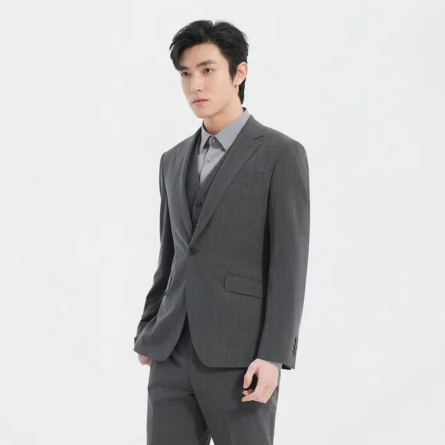 利郎 商场同款条纹含马甲商务休闲西装套装 男款 灰黑间色