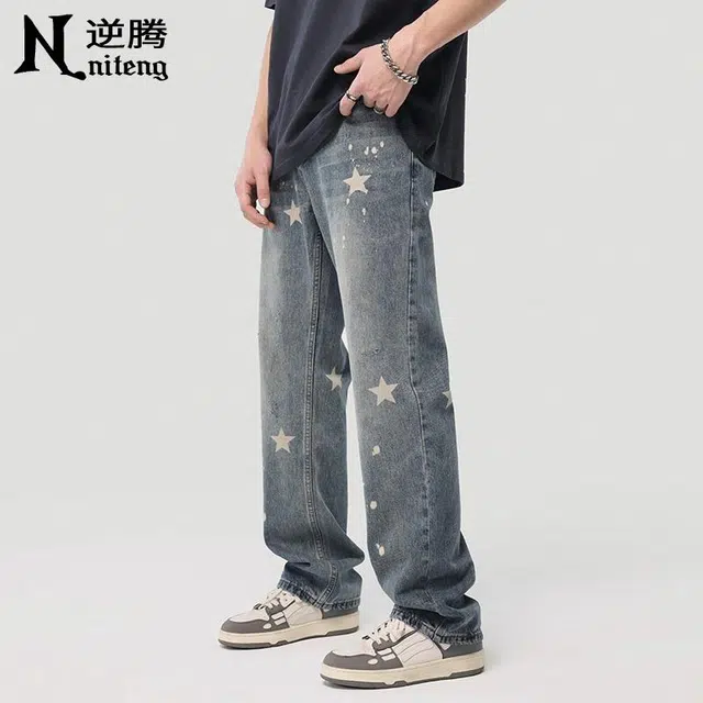 逆腾 美式星星印花宽松直筒牛仔裤 男款 蓝色