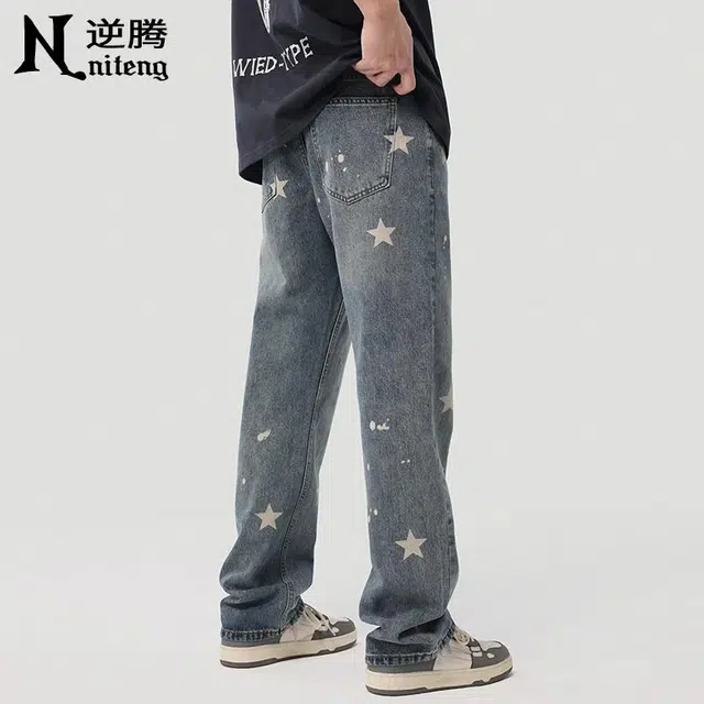 逆腾 美式星星印花宽松直筒牛仔裤 男款 蓝色