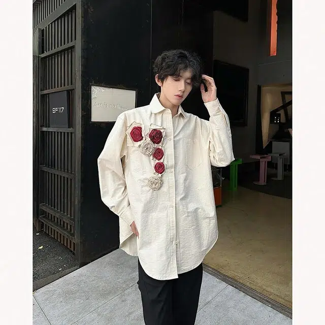 木林森 美式高街复古立体手工燃烧玫瑰婚礼文艺风百搭翻领落肩袖宽松休闲痞帅长袖衬衫 男女同款 米白色