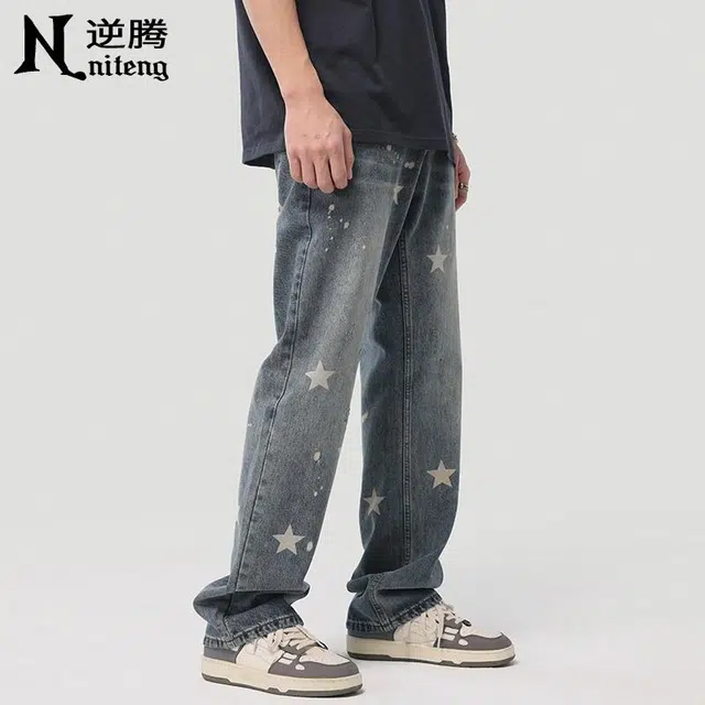 逆腾 美式星星印花宽松直筒牛仔裤 男款 蓝色