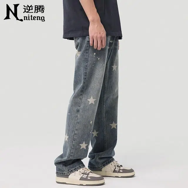 逆腾 美式星星印花宽松直筒牛仔裤 男款 蓝色