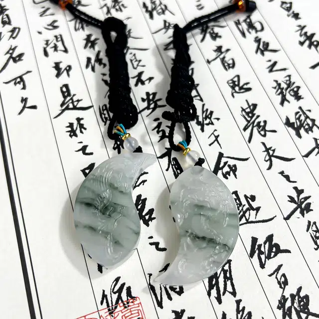 唐之饰 {高品质}龙凤呈祥玉佩一人一半 合二为一 天做地合国潮百搭青山黛翠白色十二生肖本命年招财纳福 天山翠 项链 男女同款情侣款