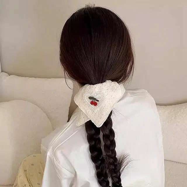 丹琴 蕾丝爱心樱桃 少女高颜值方巾大肠韩系超大扎头发绳高级感发饰 布艺 发圈 女款