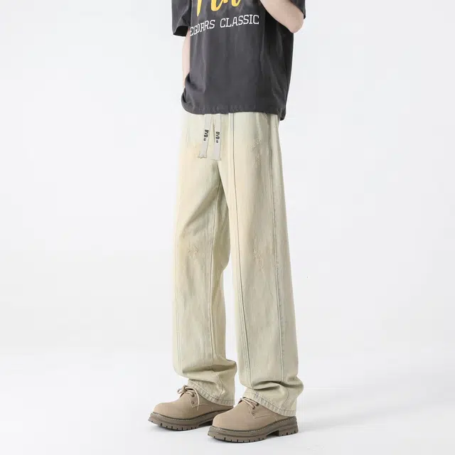 普鲁士多特蒙德 复古磨毛水洗做旧刺绣垂感休闲牛仔裤 男女同款