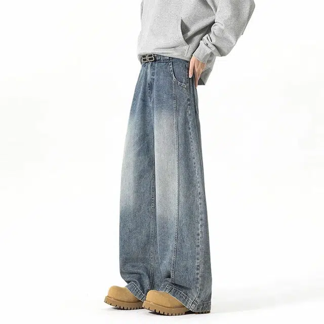 黑恐龙 美式高街复古做旧直筒宽松长裤垂感百搭牛仔裤 男女同款