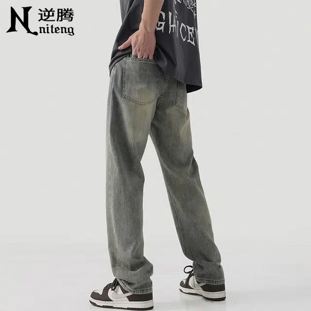 逆腾 水洗做旧宽松直筒阔腿牛仔裤 男款 复古蓝