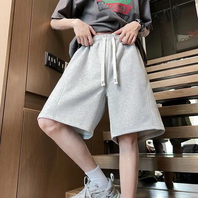 物质公式 美式复古简约学生党纯色基础款日系宽松百搭透气中腰潮牌篮球跑步运动薄款速干沙滩裤系带抽绳直筒五分裤休闲短裤 男女同款
