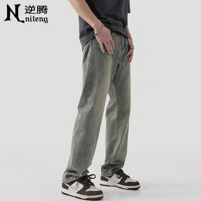 逆腾 水洗做旧宽松直筒阔腿牛仔裤 男款 复古蓝