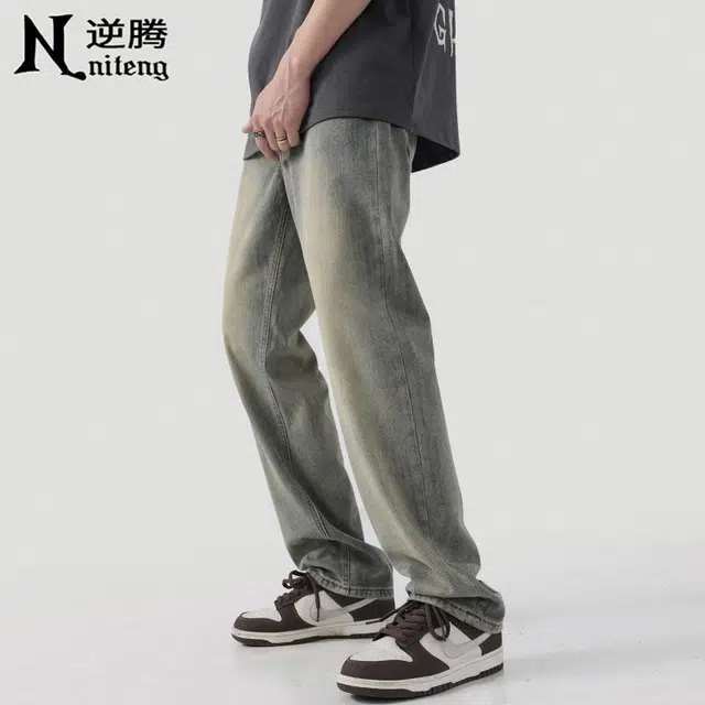 逆腾 水洗做旧宽松直筒阔腿牛仔裤 男款 复古蓝