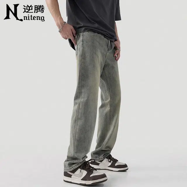 逆腾 水洗做旧宽松直筒阔腿牛仔裤 男款 复古蓝