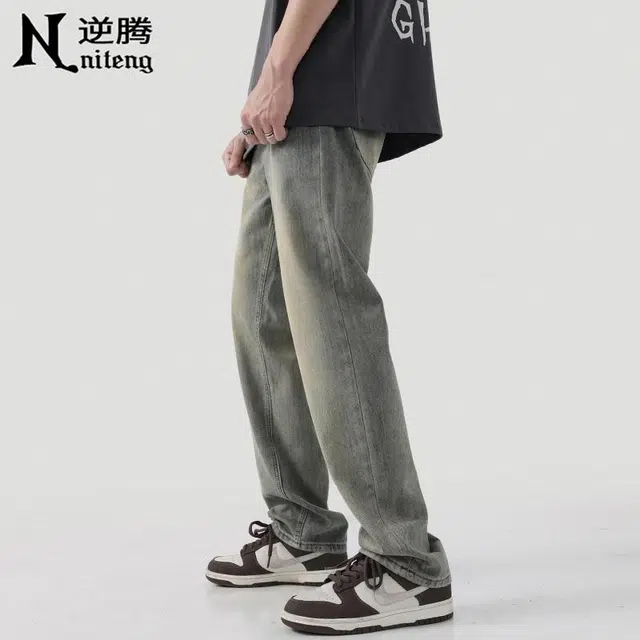 逆腾 水洗做旧宽松直筒阔腿牛仔裤 男款 复古蓝