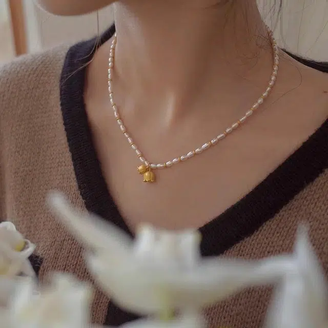 韵系 铃兰花仿珍珠 铜镀金 项链 女款