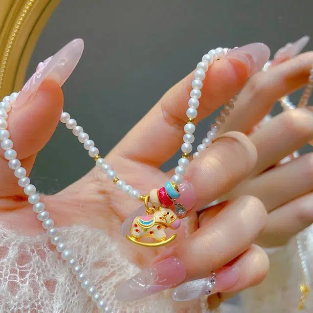 瑞诺 木马时尚小众设计转运金珠可调节锁骨链 珍珠 项链 女款