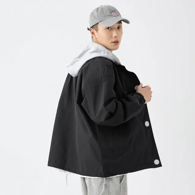 稻草人 美式复古假两件连帽宽松简约长袖夹克外套 男女同款