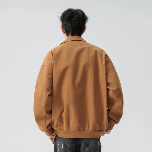 稻草人 拉链纯色翻领百搭宽松短款夹克外套 男女同款