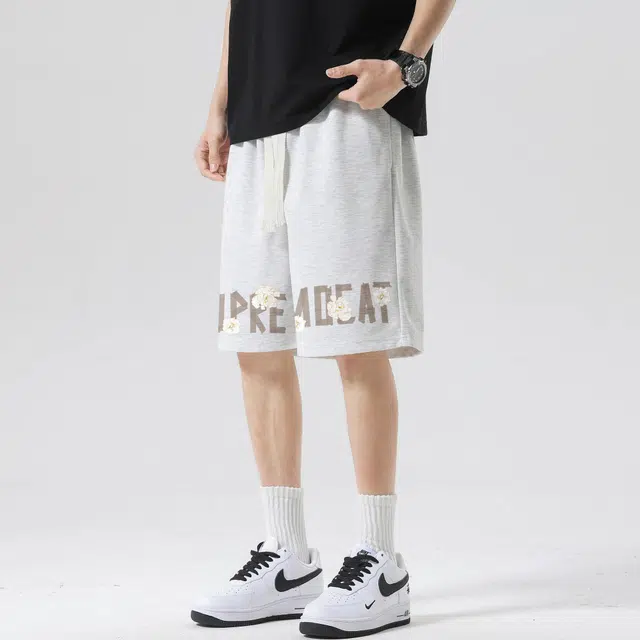 吾皇猫 美式复古学院风基础款五分裤子英文字母印花跑步运动舒适透气宽松直筒休闲短裤 男女同款