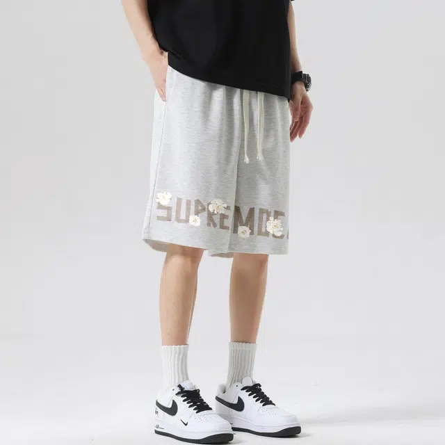 吾皇猫 美式复古学院风基础款五分裤子英文字母印花跑步运动舒适透气宽松直筒休闲短裤 男女同款