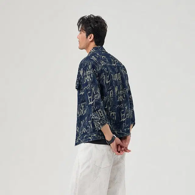 【dme】 美式休闲基础百搭时尚满印老花图案复古水洗做旧宽松加大码牛仔外套 男女同款 深蓝色