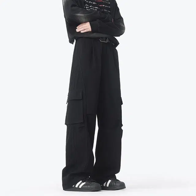 人本 美式复古多口袋纯色中腰直筒宽松拉链休闲裤 男女同款