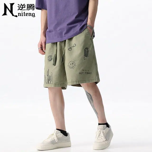 逆腾 美式印花纯棉宽松休闲短裤 男款