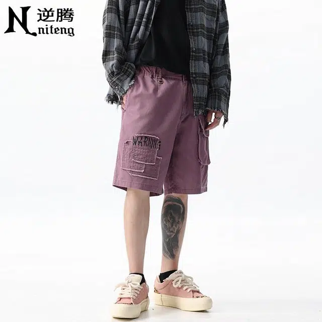 逆腾 美式高街纯棉宽松工装时尚简约纯色休闲短裤 男女同款