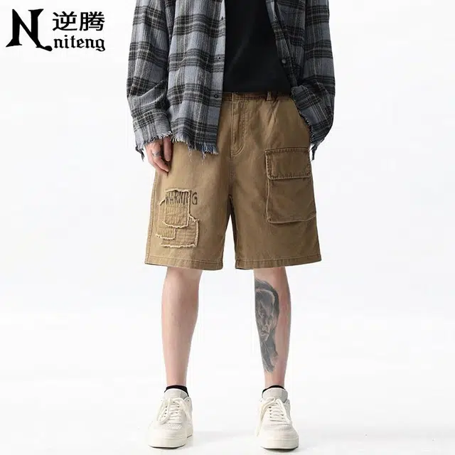 逆腾 美式高街纯棉宽松工装时尚简约纯色休闲短裤 男女同款