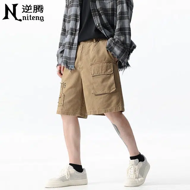 逆腾 美式高街纯棉宽松工装时尚简约纯色休闲短裤 男女同款