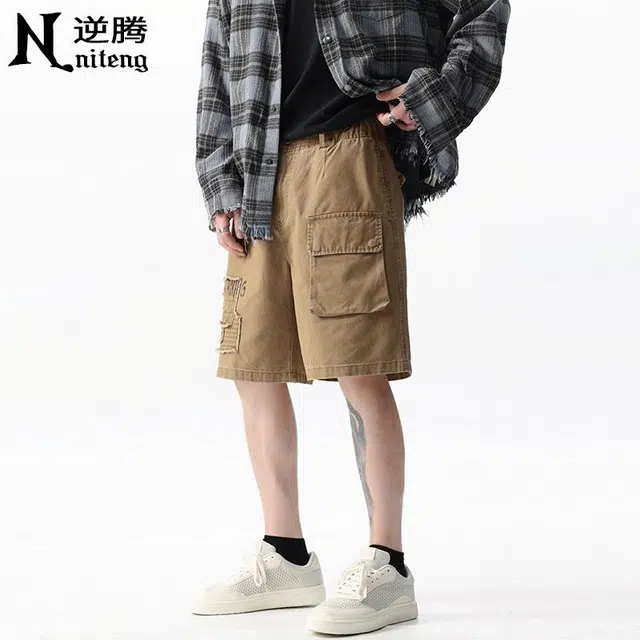 逆腾 美式高街纯棉宽松工装时尚简约纯色休闲短裤 男女同款