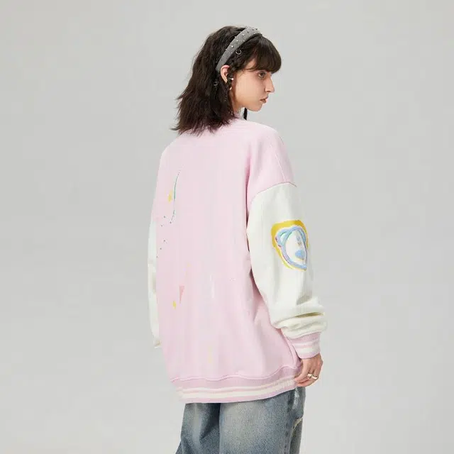多巴胺系列泼墨立体绣花拼接拉链长袖棒球服 通用