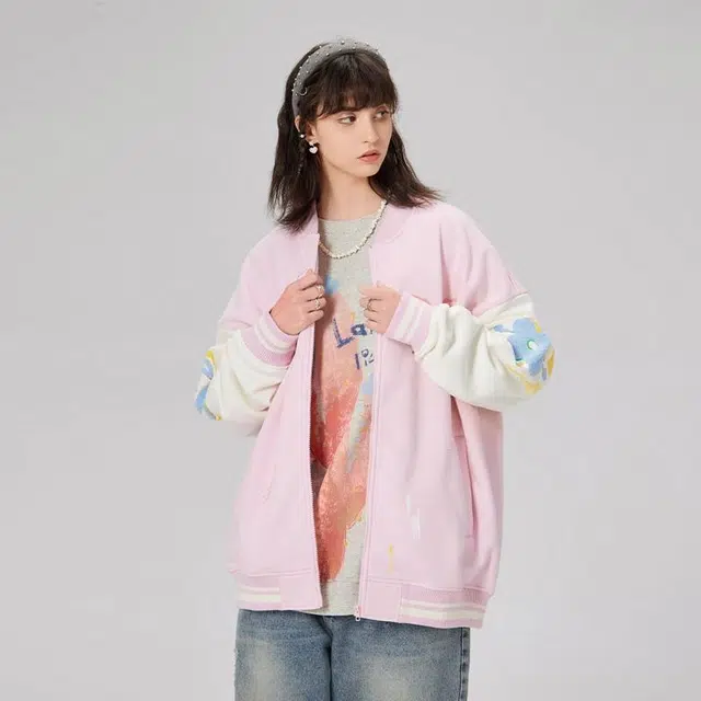 多巴胺系列泼墨立体绣花拼接拉链长袖棒球服 通用