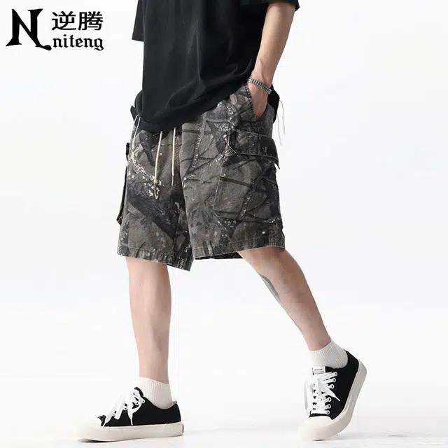 逆腾 美式多口袋工装休闲短裤 男女同款 迷彩色