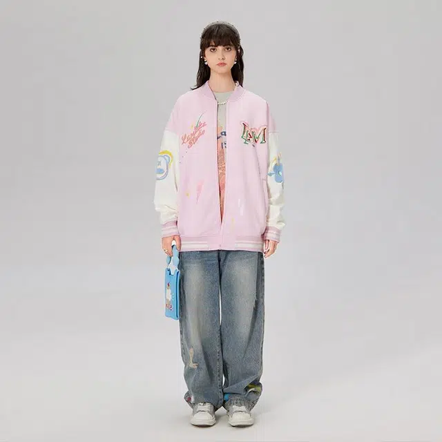 多巴胺系列泼墨立体绣花拼接拉链长袖棒球服 通用