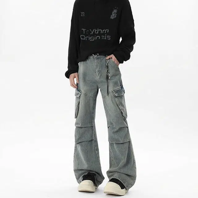 欧路得 美式复古潮牌宽松直筒工装中腰未来主义风格系带长裤牛仔裤 男款