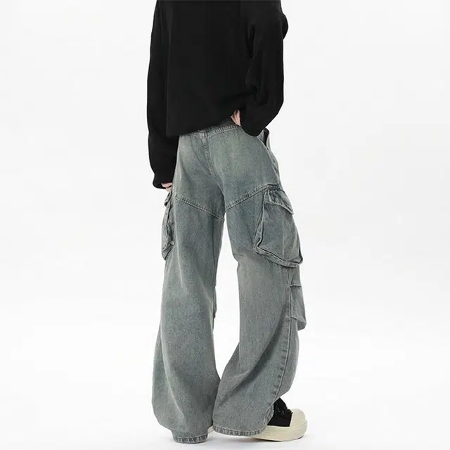 欧路得 美式复古潮牌宽松直筒工装中腰未来主义风格系带长裤牛仔裤 男款