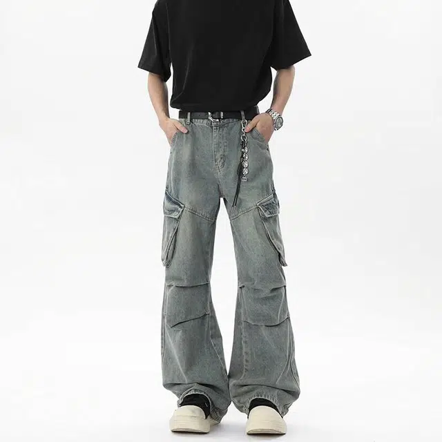 欧路得 美式复古潮牌宽松直筒工装中腰未来主义风格系带长裤牛仔裤 男款