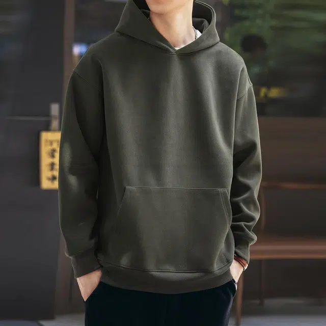 格蓝鹿 春季 美式纯色重磅简约连帽复古休闲卫衣 宽松型 男女同款