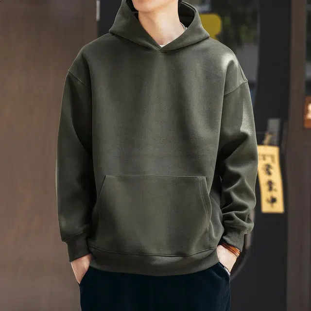 格蓝鹿 春季 美式纯色重磅简约连帽复古休闲卫衣 宽松型 男女同款