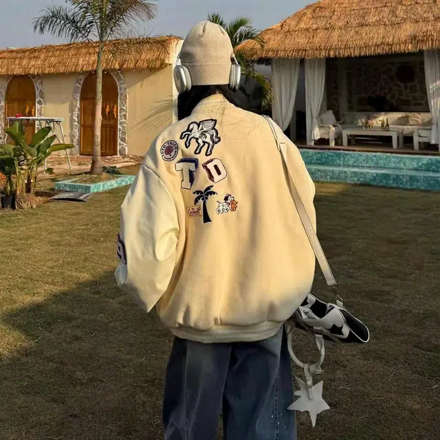 宾力克 美式复古高街潮牌植绒天马星空背面刺绣字母撞色拼接嘻哈街头痞帅时尚潮流高级氛围感宽松落肩垂感休闲舒适百搭夹克外套 男女同款