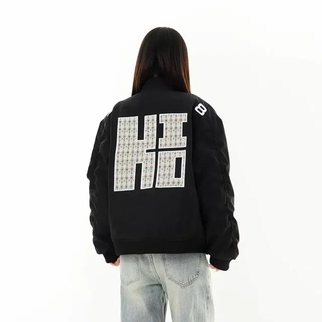 极限涡轮 美式复古飞行员立体刺绣贴布棒球领痞帅高街潮牌时尚宽松休闲百搭夹克外套 男女同款 蓝色