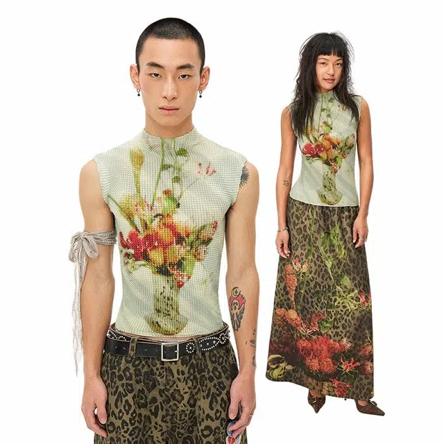 物理少年 朦胧花语花瓶印花修身显瘦高弹菠萝衫背心 男女同款 黄绿色