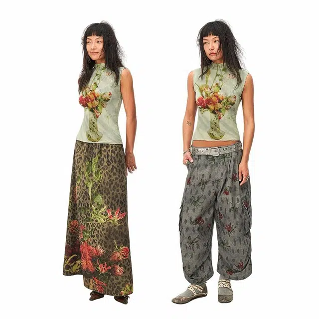 物理少年 朦胧花语花瓶印花修身显瘦高弹菠萝衫背心 男女同款 黄绿色