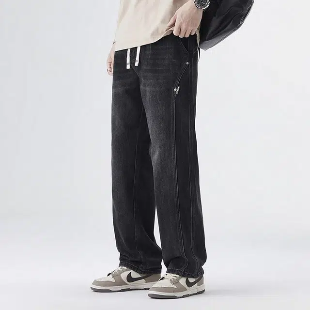 【dme】 户外运动潮牌通勤简约水洗宽松百搭时尚系带牛仔裤 男女同款 黑色