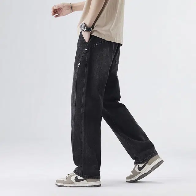 【dme】 户外运动潮牌通勤简约水洗宽松百搭时尚系带牛仔裤 男女同款 黑色