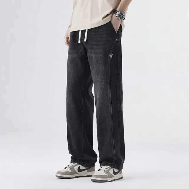 【dme】 户外运动潮牌通勤简约水洗宽松百搭时尚系带牛仔裤 男女同款 黑色