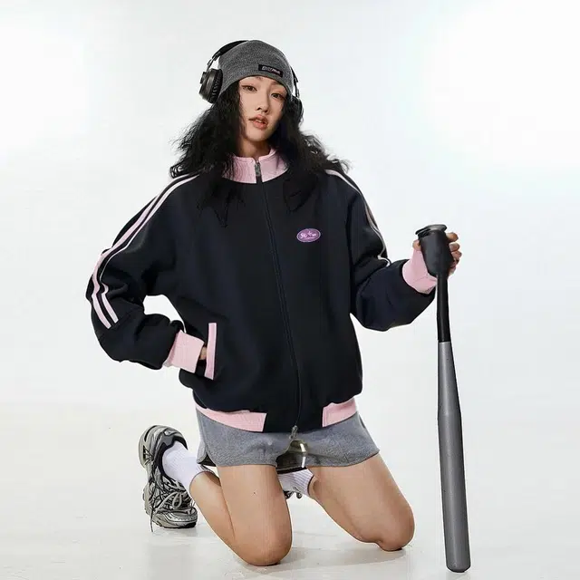 稻草人 美式复古品牌图像印花宽松休闲撞色拉链立领开衫卫衣 男女同款